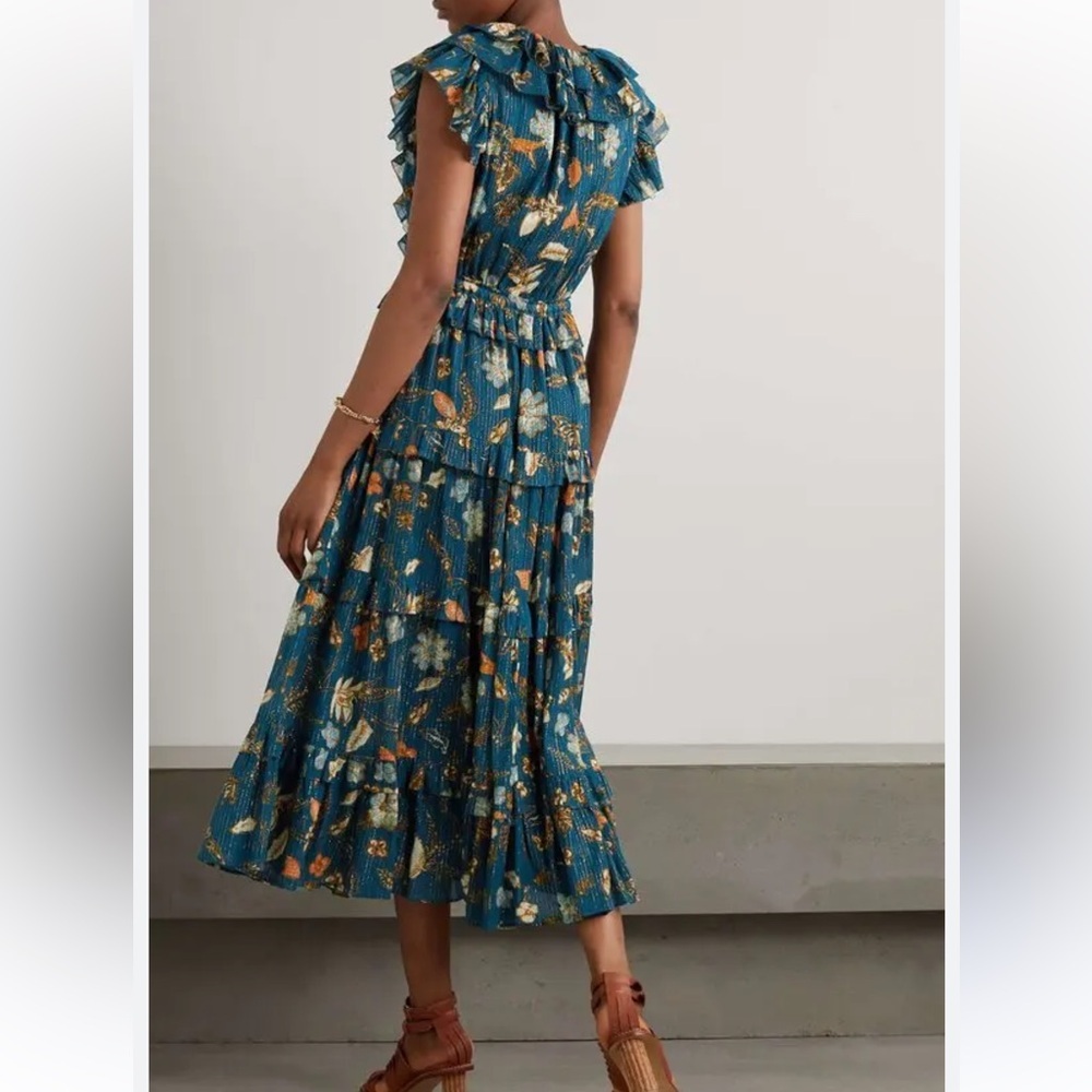 Ulla Johnson Arisa Ruffled Metalic Teal Floral Maxi Dress. Size 2 - Picture 2 of 11